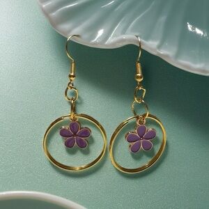 Handcrafted Golden Hoops with Purple Flowers